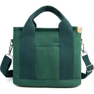 Women's Dark Green Canvas Tote Bag With Multi Pockets Shoulder Bags With Zipper